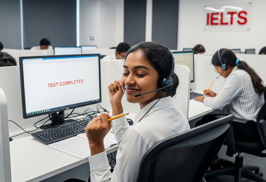 girl at computer happy to submit her ielts test